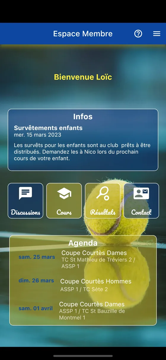 Espace réservé aux membres du club dans l'application Assp Tennis