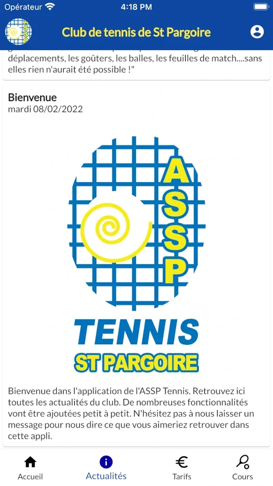 Écran d'accueil de l'application mobile Assp Tennis