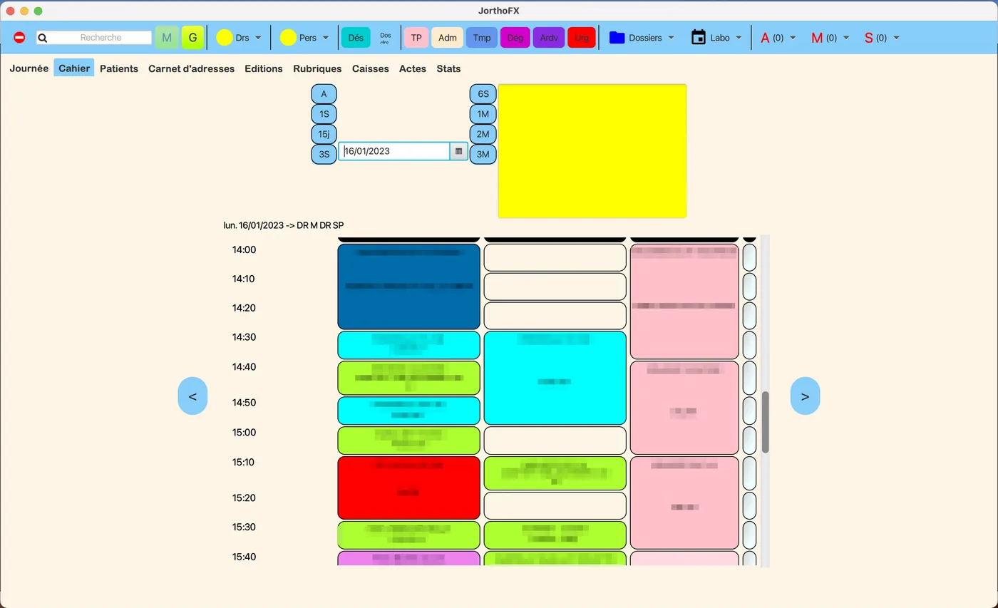 Cahier de rendez-vous du logiciel Jortho, affichant le planning de la journée