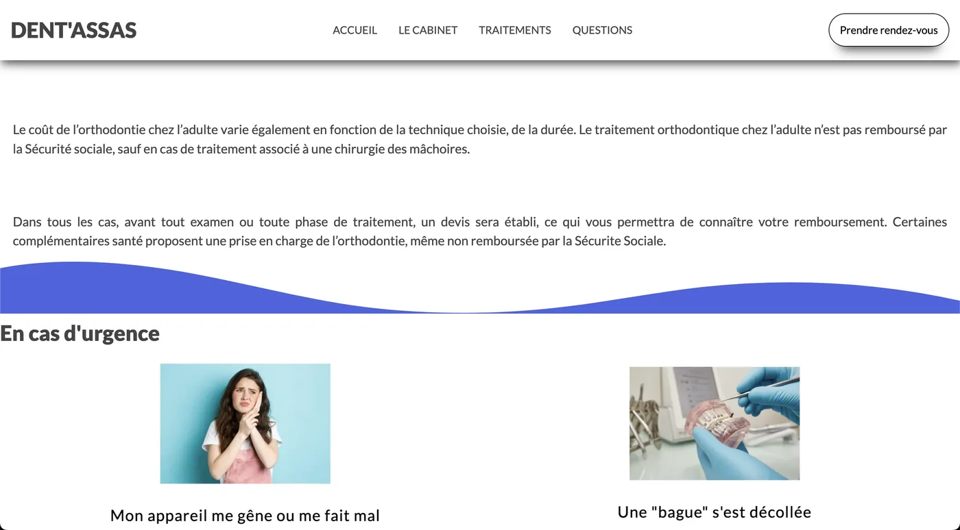 Page d'informations pratiques du site dentassas.fr